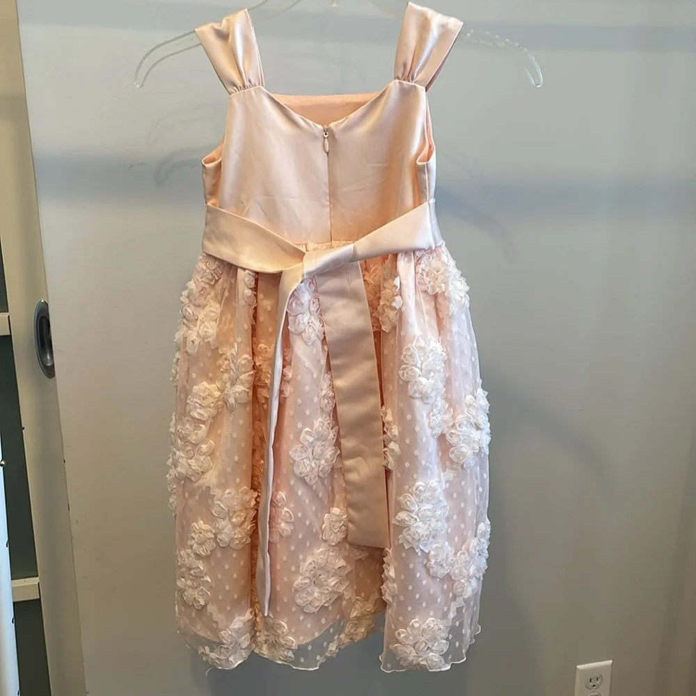 Bonnie Jean Girls Lace Floral Pink Satin Dress, Size 6, EUC, Flower Girl Dress